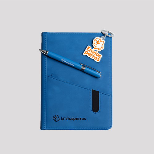 Kit Perrón con pluma, libreta y llavero.